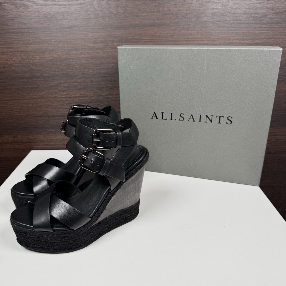 AllSaints Black Leather Perth Platform Wedge Sandals Espadrille EU 37 (US 6.5)
